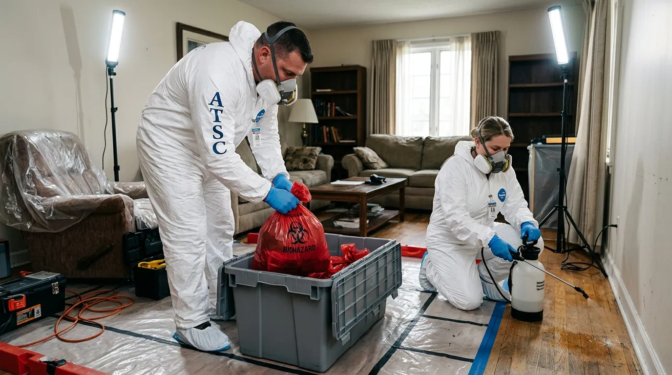 Professional Biohazard Cleanup technician in full PPE working in Park Ridge
